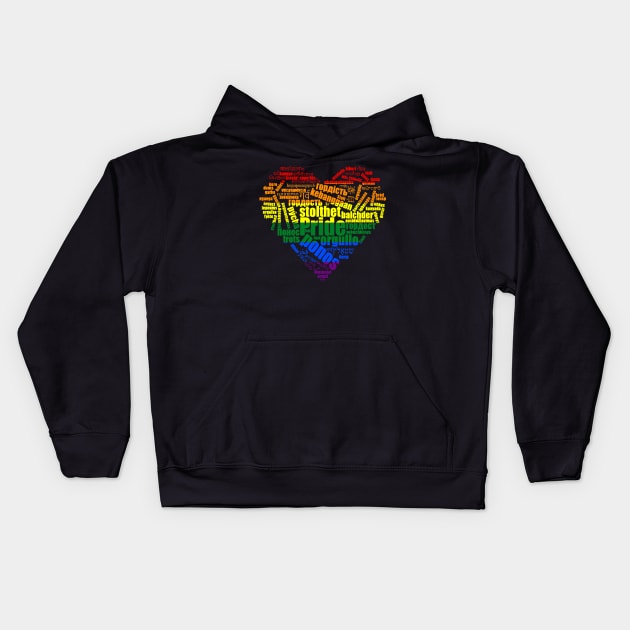 LGBT Pride In Many Languages Rainbow Heart Word-art Kids Hoodie by vpgdesigns